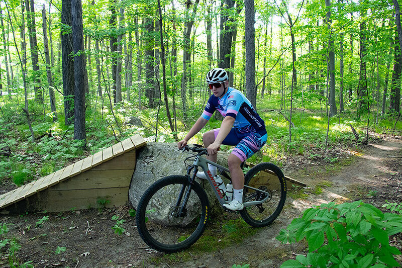 Giant rock feature built by Eagle Scout Tristan Lauer at Rocky Knoll MTB Trail System Plymouth Wisconsin